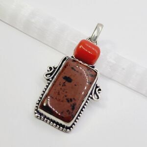 Mahogany Obsidian Coral Ethnic Handmade Pendant Jewelry 2.48"